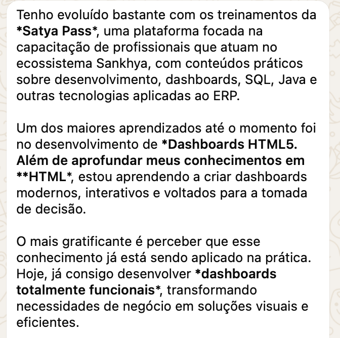 Print de WhatsApp: aluno desenvolvendo dashboards em HTML5 no Sankhya