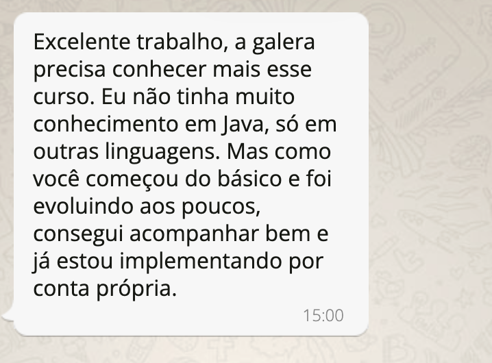 Print de WhatsApp: aluno que não sabia Java e já implementa sozinho